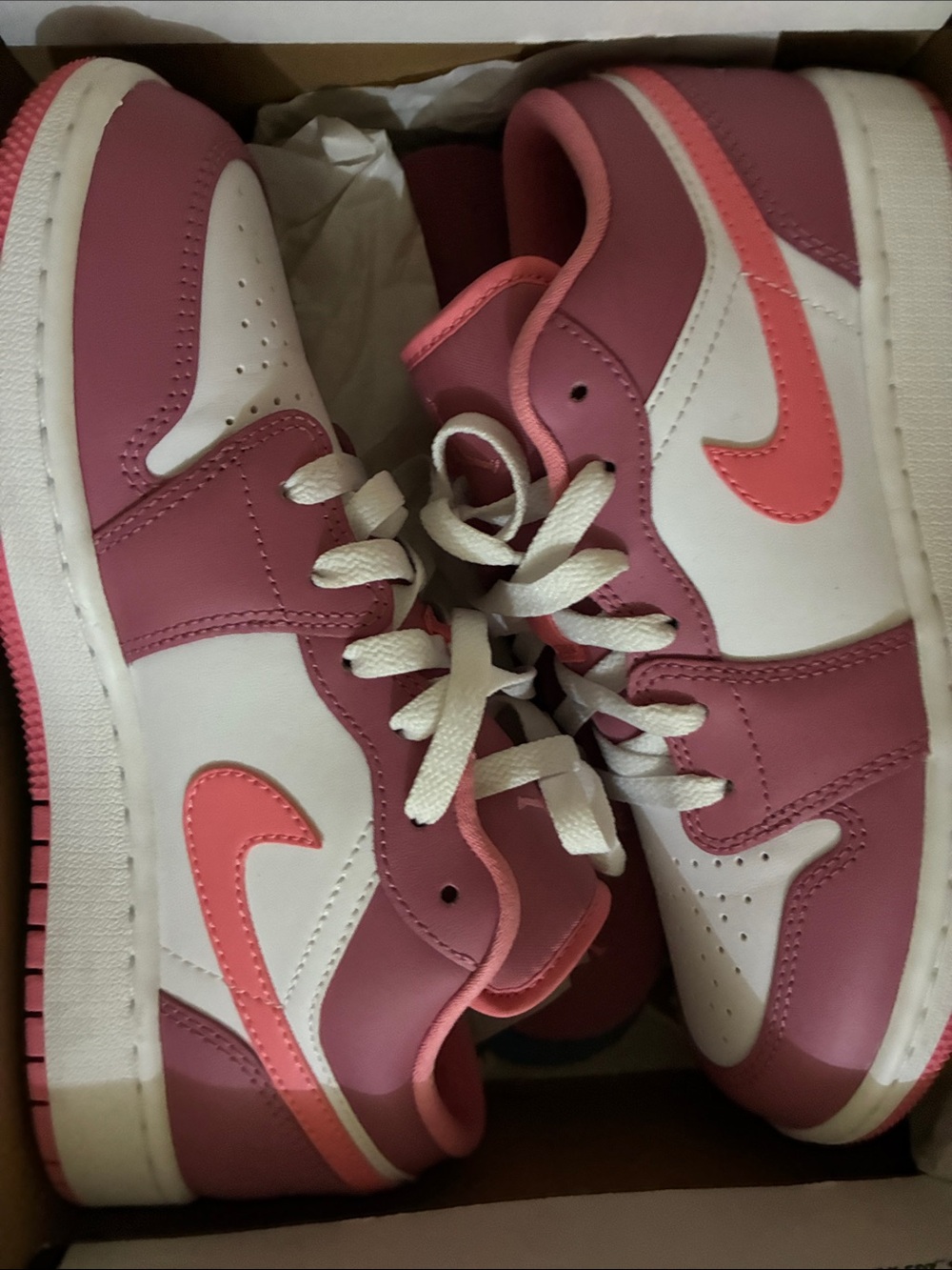 Nike Womenโs Pink and White Low-Top Sneakers with Coral Swoosh Jordan 1โs low GS